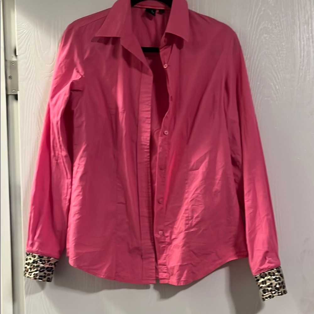 Cruel Girl Pink Button Down Shirt with Leopard Cuffs
